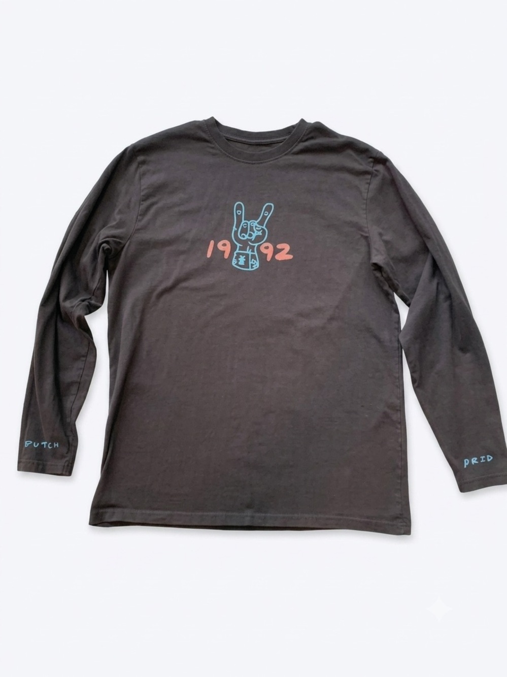 Dutch Bros Brown Long Sleeve Tee with Blue and Coral Graphic